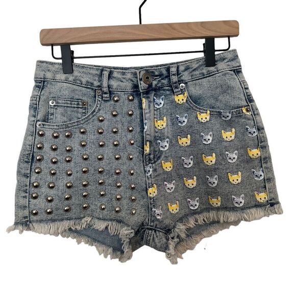 ChiQle Studded Cat Denim Cut Off Short Shorts size L - Picture 1 of 7